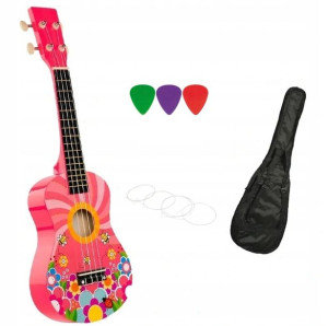 Ukulele sopranowe CASTELO - różowe pszczółki + pokrowiec i piórka do gry