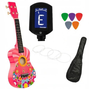 Ukulele sopranowe CASTELO - różowe pszcz. + pokrowiec piórka do gry i tuner