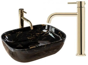 Umywalka Nablatowa Czarna Belinda Marble Rea + Bateria Umywalkowa Lungo