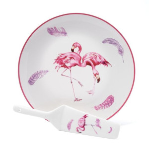 Talerz Do Ciast Porcelanowy + Łopatka Flamingo 27 Cm