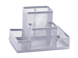 Przybornik Na Biurko Office Set Metalowy 4 Komory Srebrny