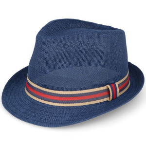 Kapelusz na lato słomkowy trilby paski granatowy