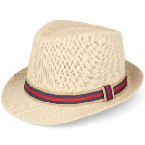 Kapelusz na lato słomkowy trilby paski bezowy