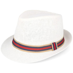 Kapelusz na lato słomkowy trilby paski biały