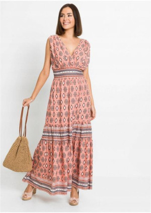 Bonprix Łososiowa Długa Sukienka Boho Kopertowy Dekolt Wzór 44 903060