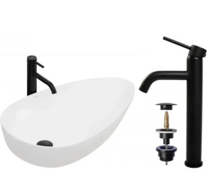 Umywalka Nablatowa Greta 65 Rea + Bateria Umywalkowa Lungo Black + Korek