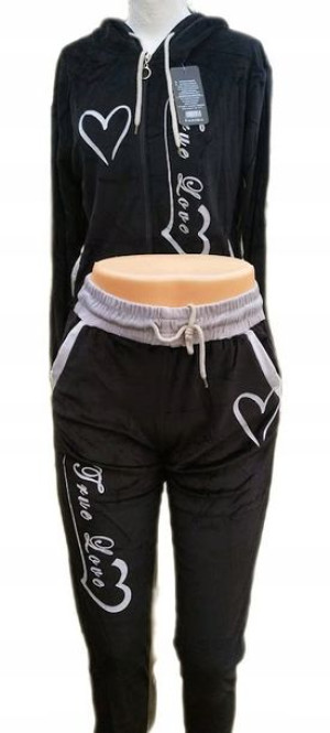 Dres Damski Welurowy Komplet Czarny Z Szarym L/xl