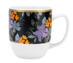 Kubek porcelanowy New Bone FLORES 350 ml biało-czarny kolorowe kwiaty