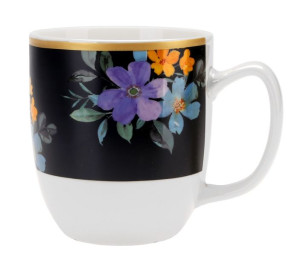Kubek porcelanowy New Bone FLORES 350 ml biało-czarny kolorowe kwiaty