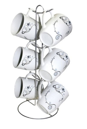 Zestaw Kubków Na 6 Osób Na Stojaku Serwis Kawowy Herbaty Porcelana