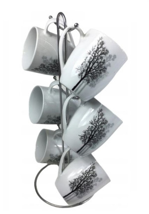 Zestaw Kubków Na 6 Osób Na Stojaku Serwis Kawowy Herbaty Porcelana