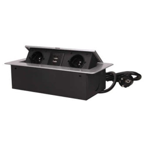 Gniazdo wpuszczane w blat z płaskim rantem srebrne 2x2P+Z 2xUSB OR-AE-13126