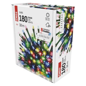 Lampki choinkowe o długości 18m multicolor 180xLED zielony przewód, 8 progr