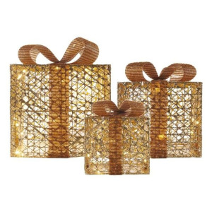 Dekoracja świąteczna 3 prezenty 72xLED 15/20/25 cm złote, zimna biel, IP44