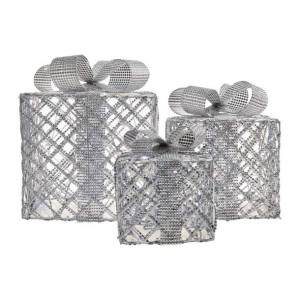 Dekoracja świąteczna 3 prezenty LEDx72, 15/20/25cm srebrne, zimna biel, IP4