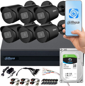 Zestaw monitoringu Dahua XVR 1TB 6x Kamera tubowa FullHD czarna