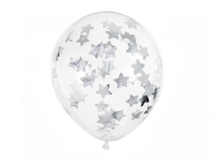 Balony z konfetti - gwiazdki srebrne, 30 cm, 6 sztuk