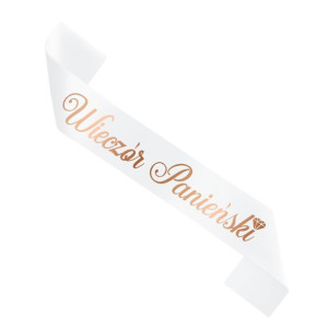 Szarfa biała z napisem Wieczór Panieński w kolorze Rose Gold, 160cm