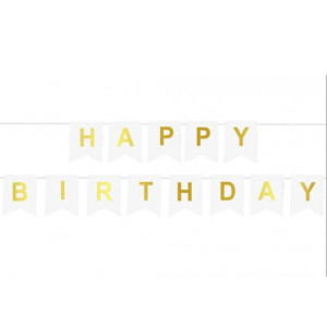 Girlanda urodzinowa Happy Birthday Biała, złoty napis, 17 cm
