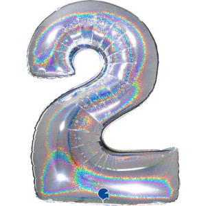 Balon Foliowy Cyfra 2, Srebrna holograficzna 102 cm Grabo
