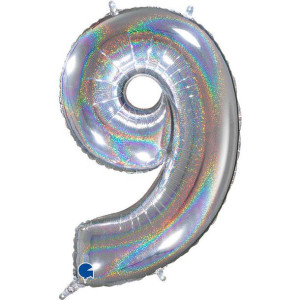 Balon Foliowy Cyfra 9, Srebrna holograficzna 102 cm Grabo