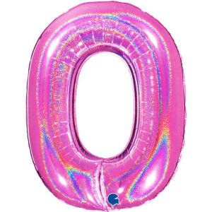 Balon Foliowy Cyfra 0, Holograficzna fuksjowy róż 102 cm Grabo