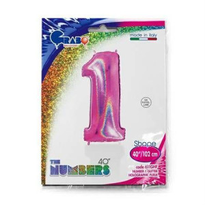 Balon Foliowy Cyfra 1,  Holograficzna fuksjowy róż 102 cm Grabo