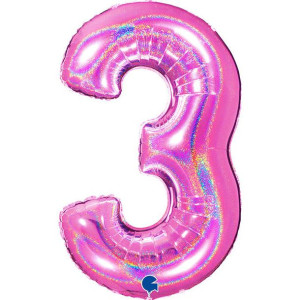 Balon Foliowy Cyfra 3,  Holograficzna fuksjowy róż 102 cm Grabo