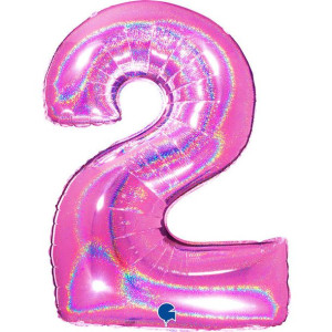 Balon Foliowy Cyfra 2,  Holograficzna fuksjowy róż 102 cm Grabo