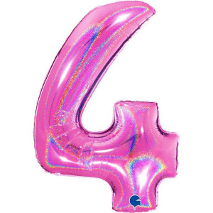 Balon Foliowy Cyfra 4,  Holograficzna fuksjowy róż 102 cm Grabo