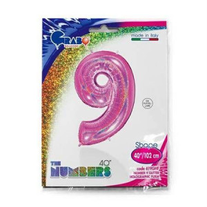 Balon Foliowy Cyfra 9,  Holograficzna fuksjowy róż 102 cm Grabo