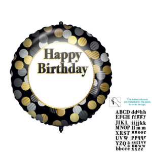 Balon Foliowy Happy Birthday z naklejkami, okrągły 46 cm