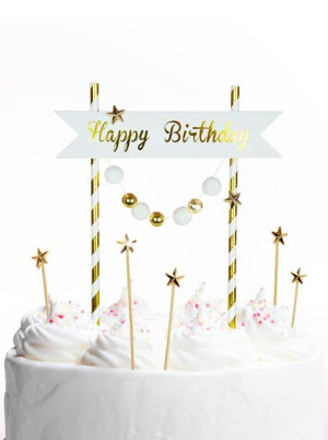 TOPPER na tort „Happy Birthday” pomponiki złote
