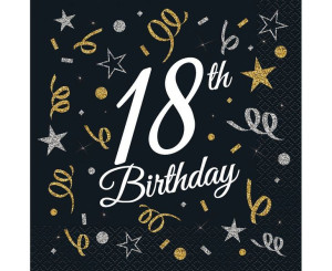 Serwetki urodzinowe 18th Birthday czarne, 33 cm 20 sztuk