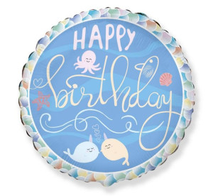 Balon urodzinowy okrągły Happy Birthday narwal morski świat 46cm