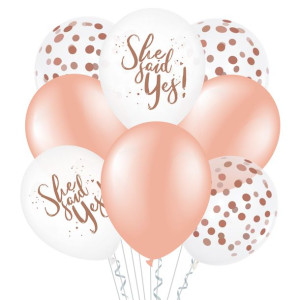 Balony na Wieczór Panieński, She said yes, rose gold z konfetti 30 cm, 8szt
