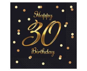 Serwetki urodzinowe Happy 30 Birthday czarne, 33 cm 20 sztuk