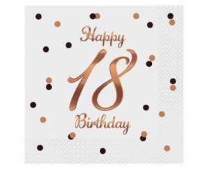 Serwetki urodzinowe Happy 18 Birthday białe, rose gold 33cm, 20 szt.