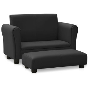 Sofa dla dziecka, z podnóżkiem, czarna, obita sztuczną skórą