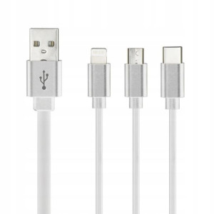 Kabel 3w1 Micro + Lightning + USB C biały PT 1m