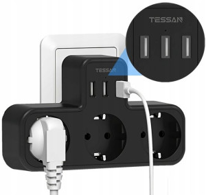 ścienna Listwa Zasilająca 3 Gniazda i 3 Porty USB