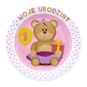 Talerzyki papierowe "Moje 1 Urodziny" różowe 18cm 6szt