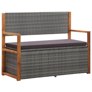 Ławka ze schowkiem, 115 cm, rattan PE i drewno akacjowe, szara