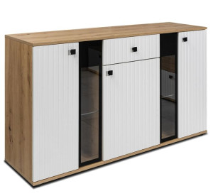Komoda Salsa Lamel biała dąb artisan 140x80 cm LED