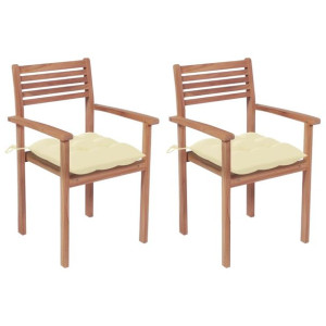 Krzesła ogrodowe, 2 szt., kremowe poduszki, lite drewno tekowe