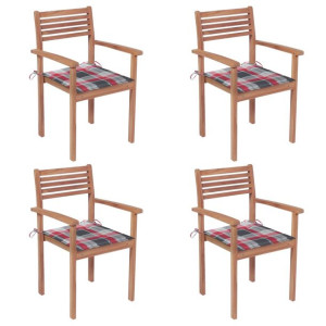 Krzesła ogrodowe, 4 szt., z poduszkami w czerwoną kratę, tekowe