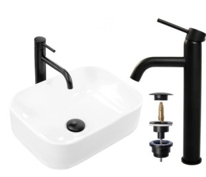 Umywalka nablatowa Demi Slim + Bateria Lungo Black Rea + Korek Klik Klak