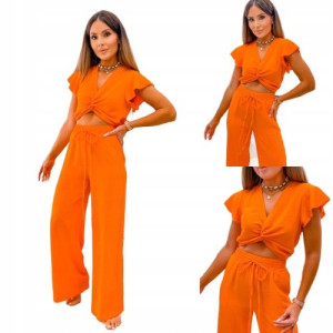 Komplet Crop Top Ze Spodniami-POMARAŃCZOWY