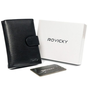 Pionowy, czarny portfel męski ze skóry naturalnej, ochrona RFID — Rovicky
