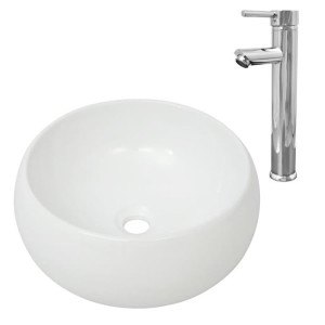 Umywalka z baterią mieszającą, ceramiczna, okrągła, biała